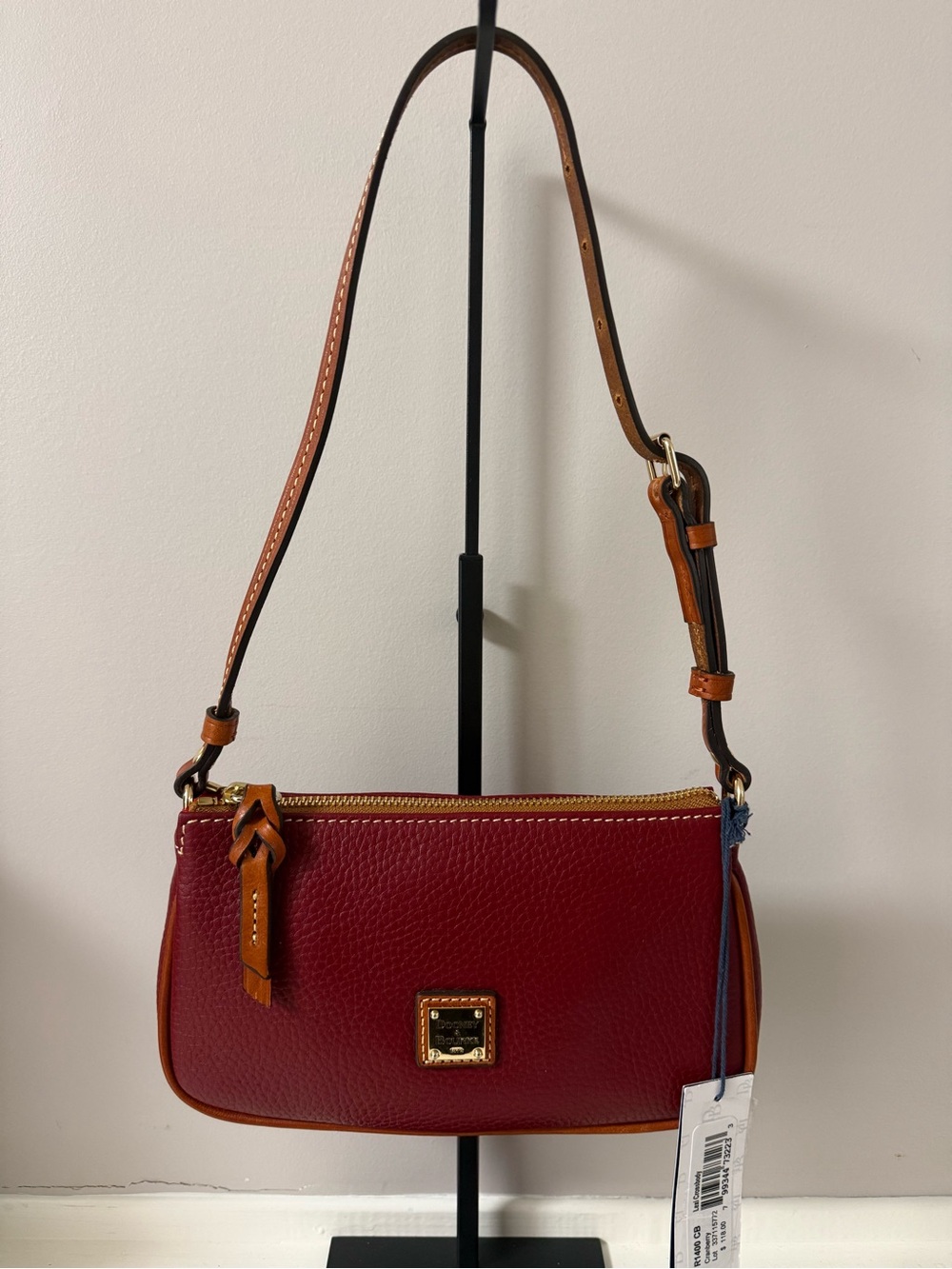 Dooney & Bourke Burgundy Pebble Leather Crossbody with Tan Trim!